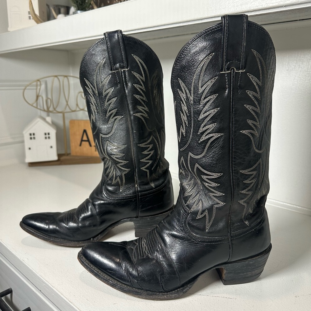 Vintage Justin Boots Black Leather Cowboy Mens 8D Womens 9.5 Western Classic
